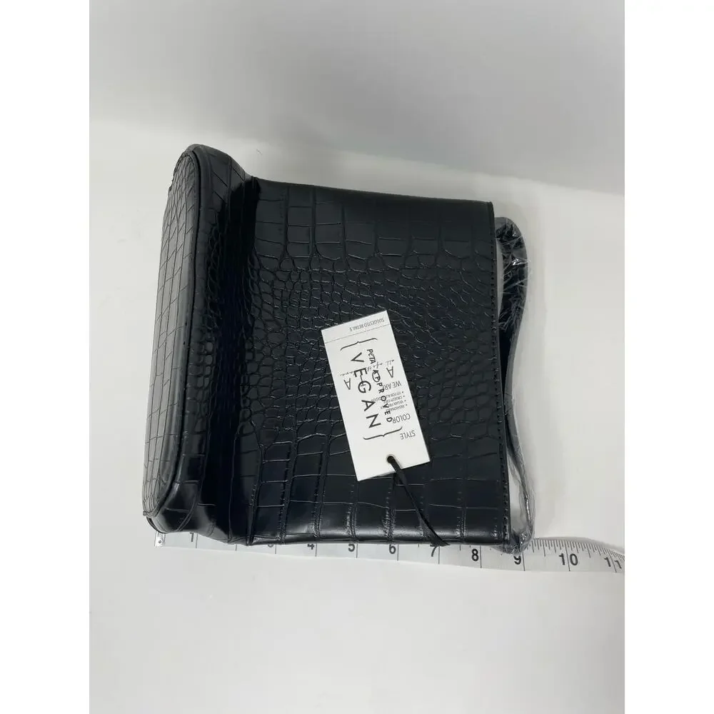 AOTA Elena Black Vegan Leather Croc Top Handle Bucket Bag Detachable Crossbody - Picture 7 of 9